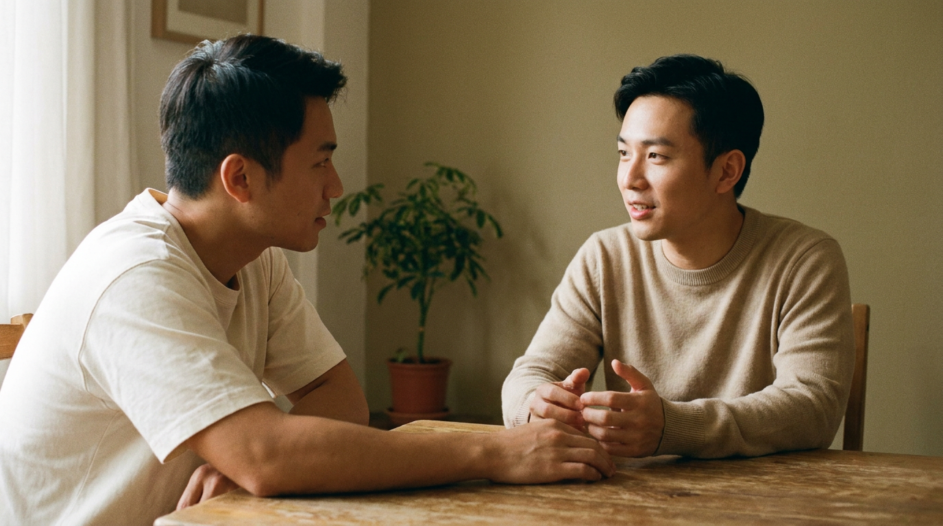 Two men in a calm, supportive conversation at a wooden table — representing connection, trust, and the therapeutic relationship in integrative counselling.