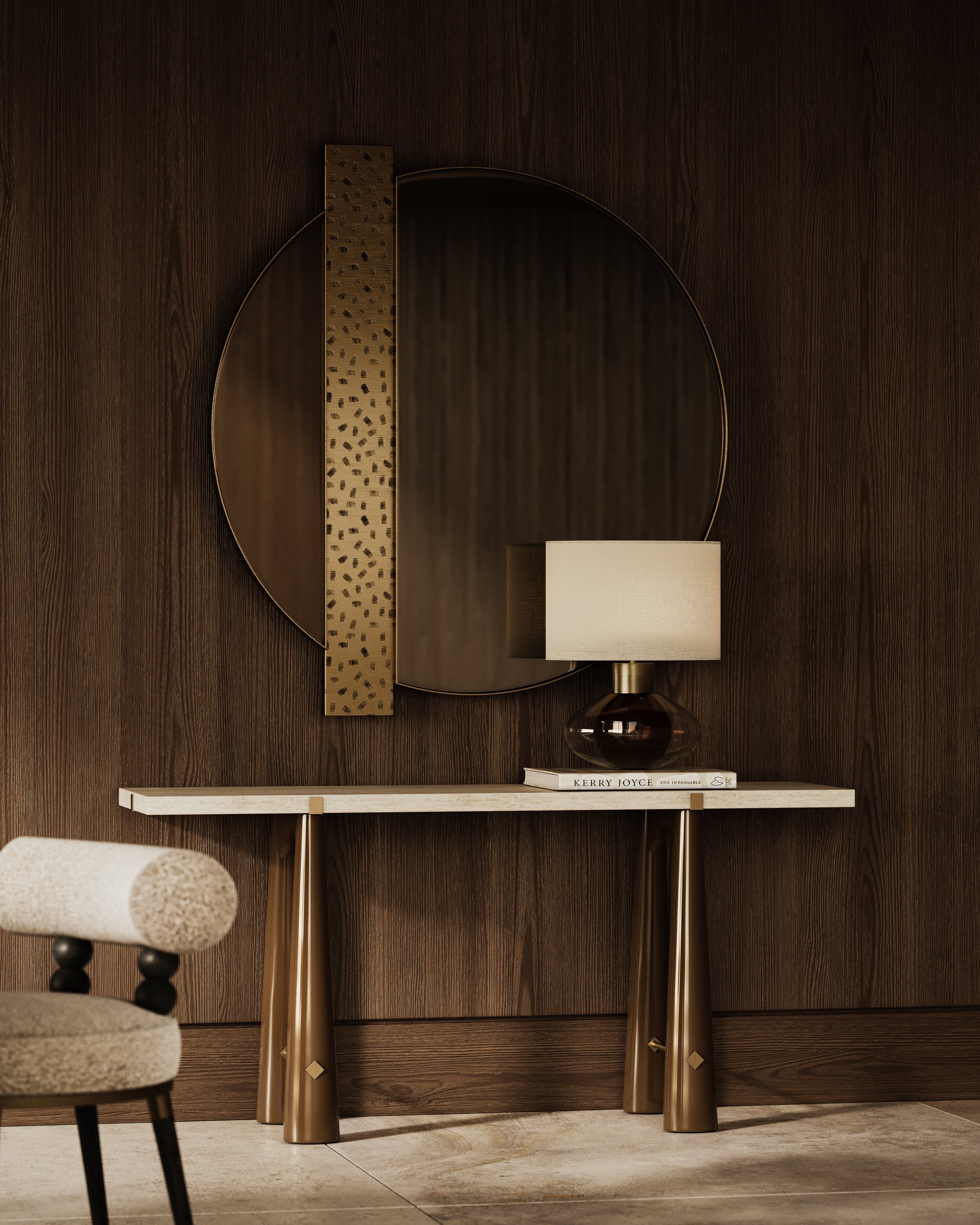 Purcel Mirror, Mozza Console, Aretha Chair.