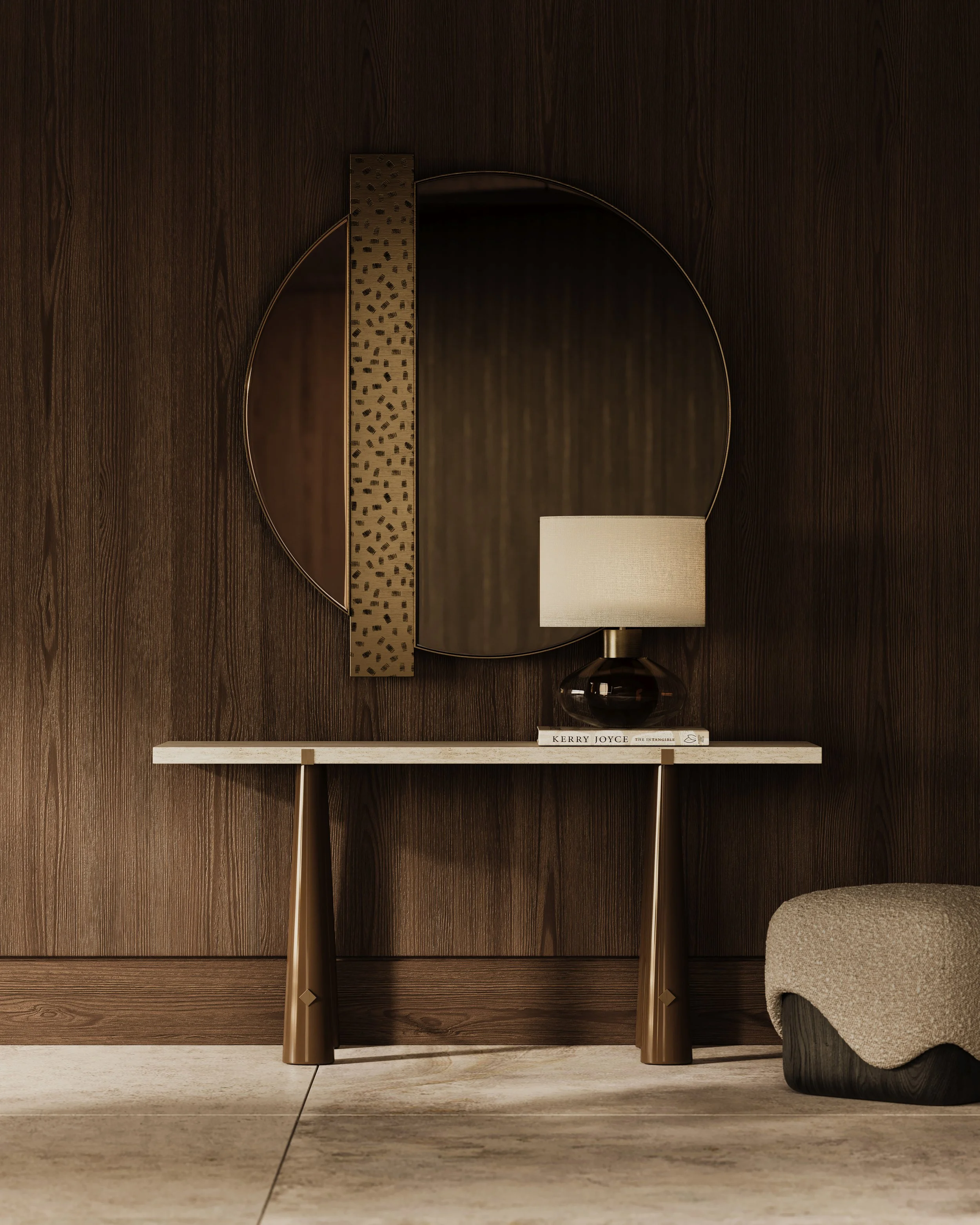 Mozza Console, Purcel Mirror, Caramelo Stool.