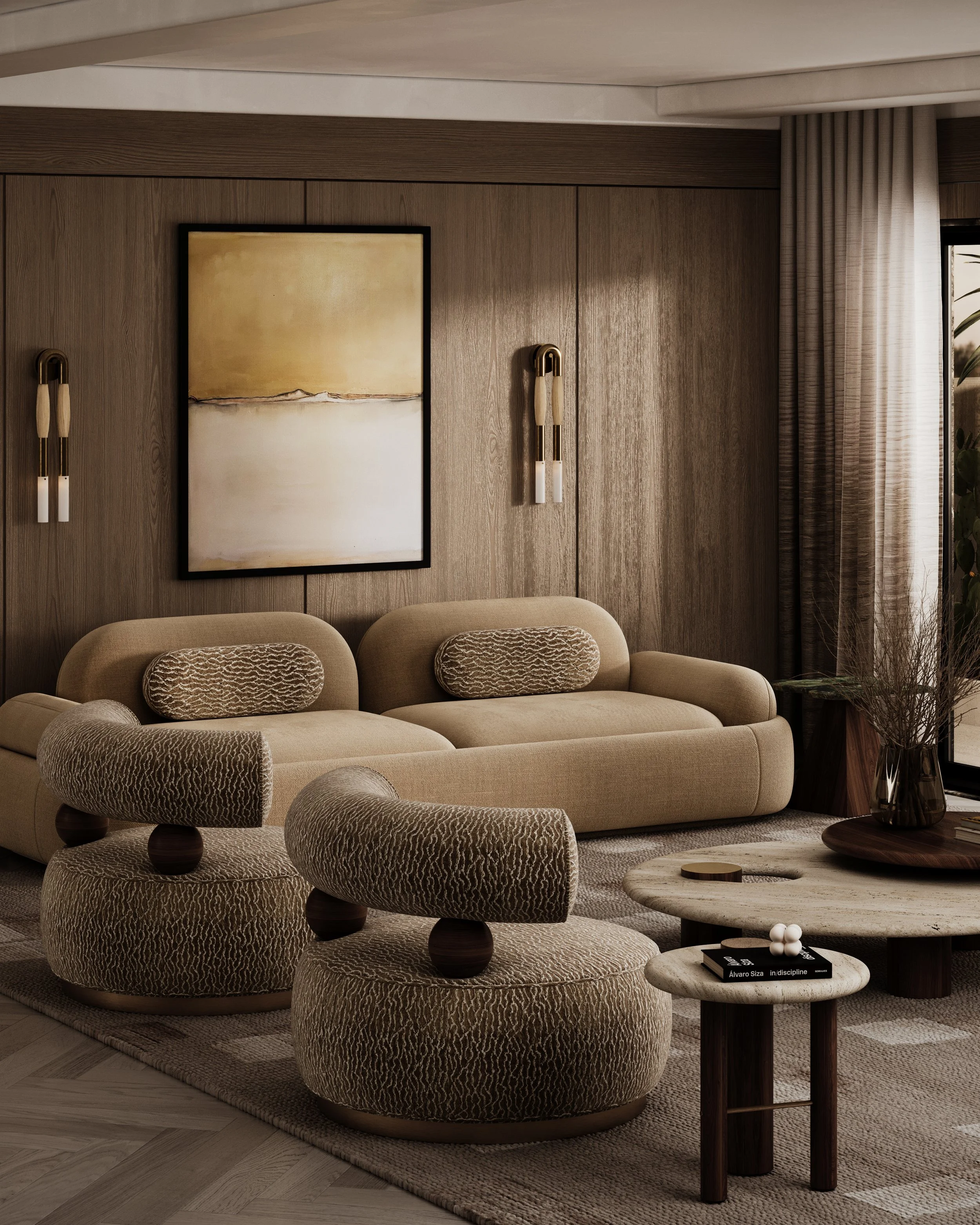 Aretha Armchair, Banjo Sofa, Minca Side Table, Minca Coffee Table.