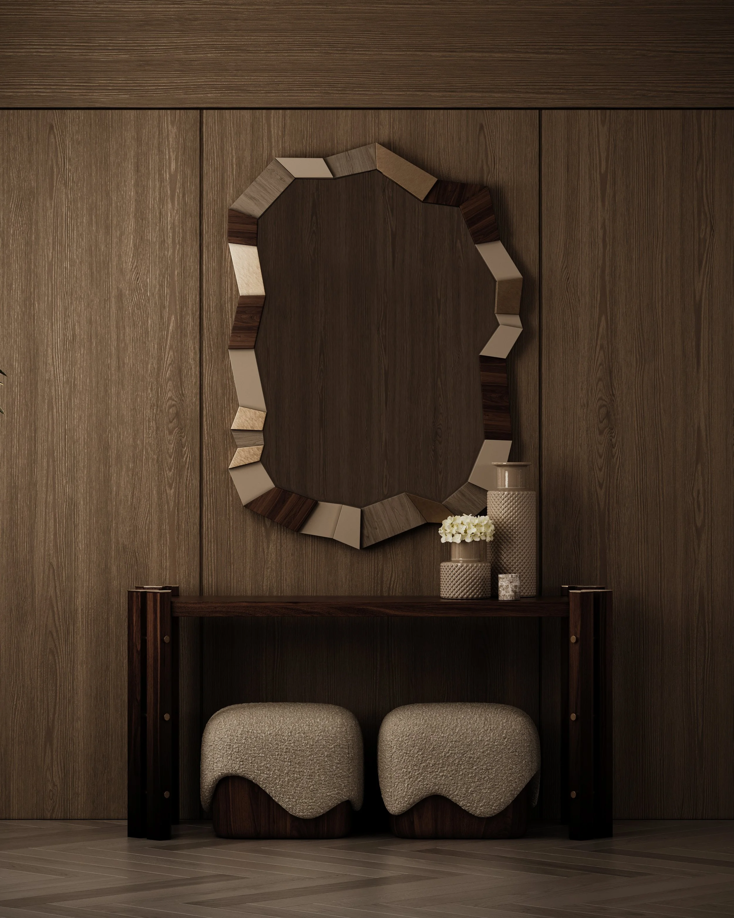 Paloma Console, Taccato Mirror, Caramelo Stool.