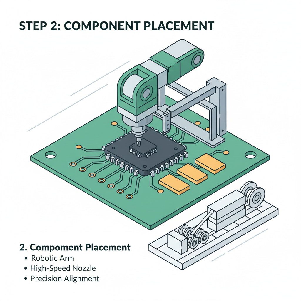 An informational graphic of a pick and place machine's robotic head accurately mounting surface-mount components onto a PCB during the assembly process.