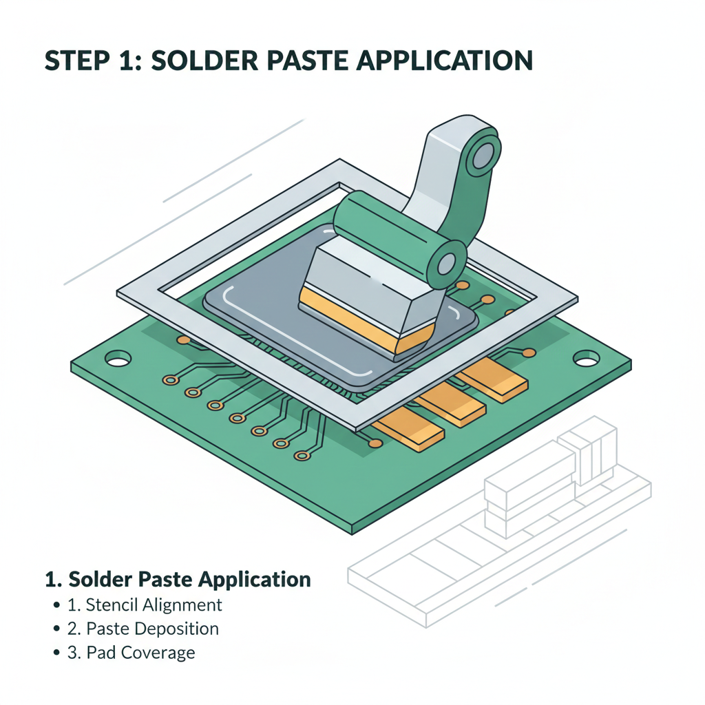 A technical diagram of the PCB solder paste printing process showing a squeegee blade applying grey solder paste through a precision stencil onto a green circuit board.