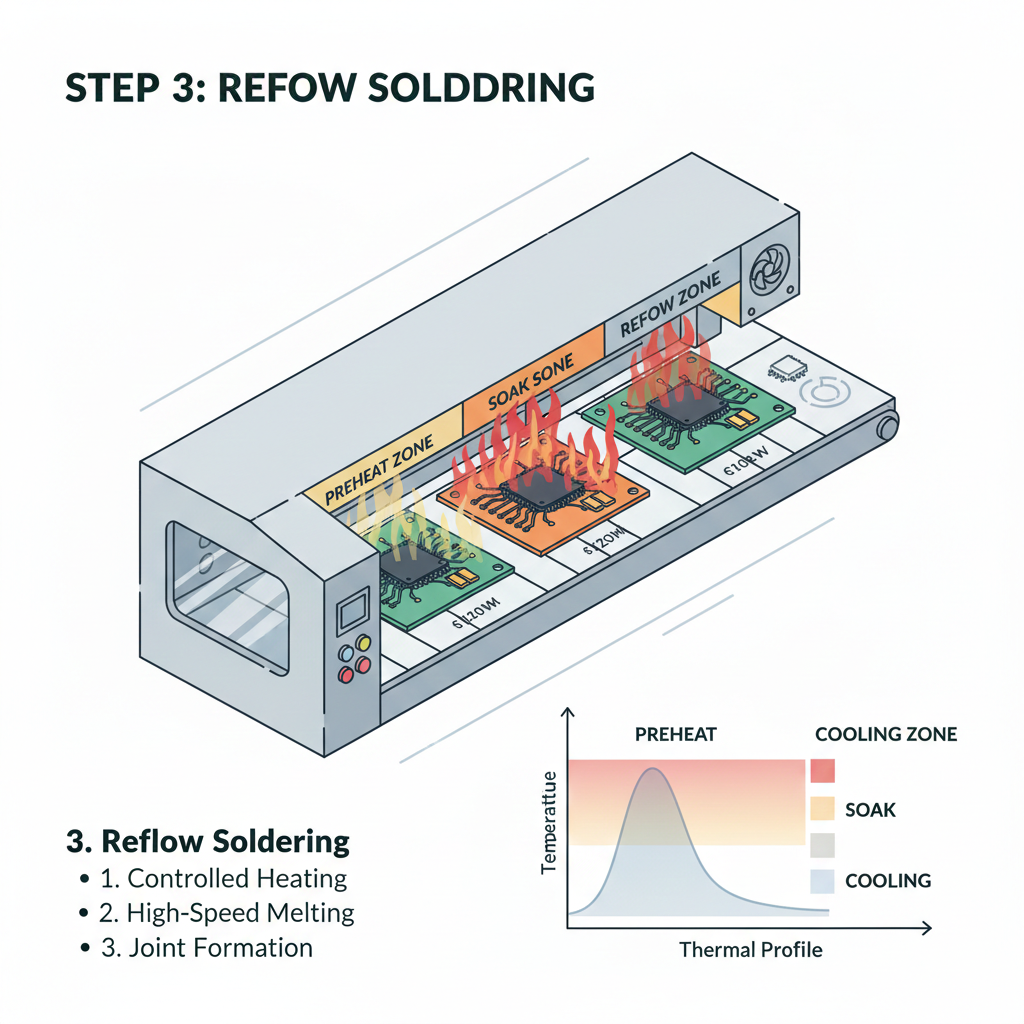 A cross-section diagram of a multi-zone reflow oven showing the preheat, soak, and cooling zones used to melt solder and secure components to a PCB.