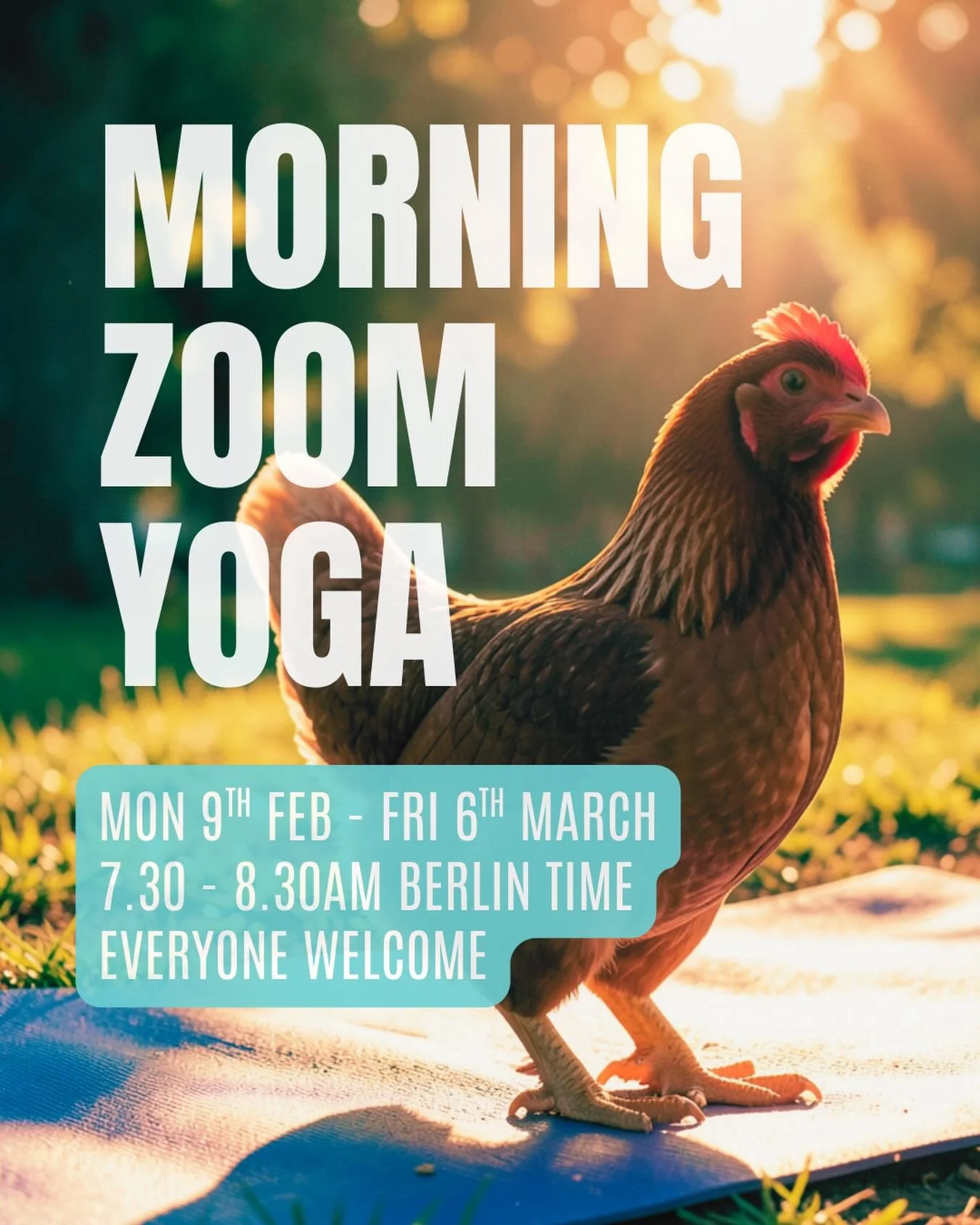 4 Weeks of Morning Zoom practice starting next week on Monday!

Monday 9th Feb - Friday 6th March
Monday to Friday 
7.30-8.30am

150 EUR for all 4 weeks
Or 40 EUR per week

This is about developing a healthy morning routine and regular yoga practice.