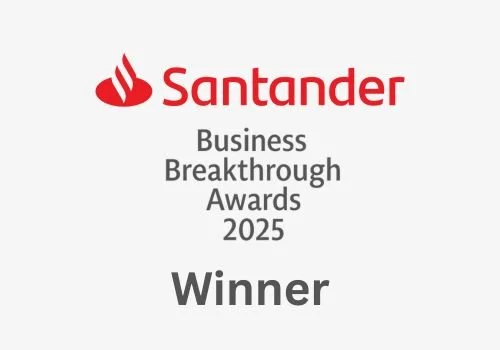 Santander Business Breakthrough Awards 2025 winner certificate or announcement with Santander logo and text.