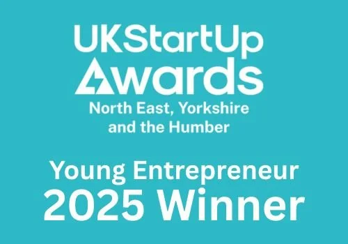 Certificate or award graphic for UK Start Up Awards, North East, Yorkshire, and the Humber, indicating a Young Entrepreneur 2025 Winner.