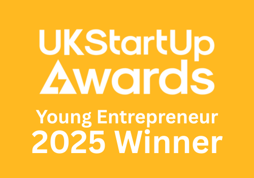 A graphic with a yellow background and white text that reads "UK StartUp Awards Young Entrepreneur 2025 Winner."