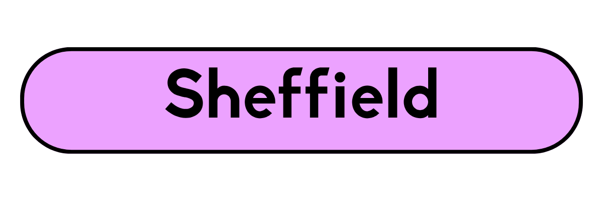 A purple train station sign with black text reading 'Sheffield' on a transparent background.