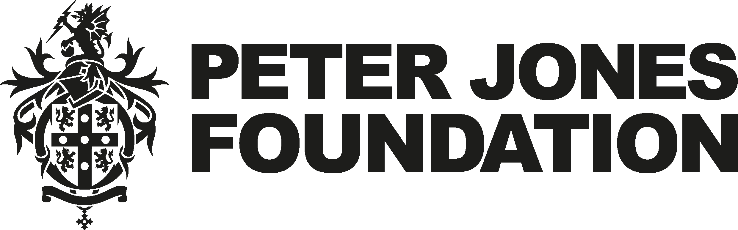 Logo for the Peter Jones Foundation featuring a crest with a lion, shield, and heraldic designs, alongside the foundation's name in bold black letters.