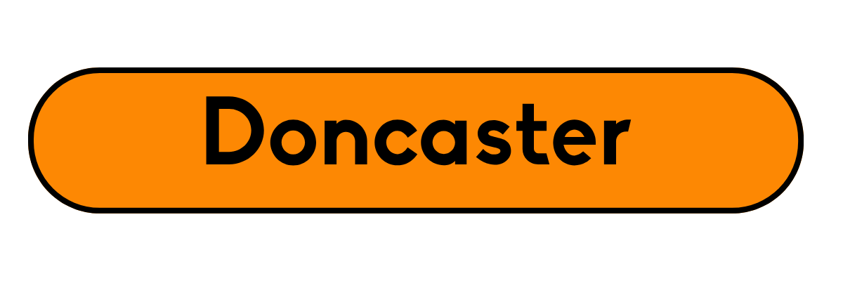 Orange train station sign with black text reading "Doncaster"