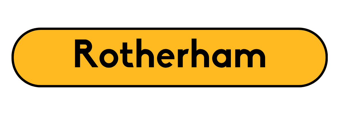 Yellow and black sign with rounded edges that reads 'Rotherham'.