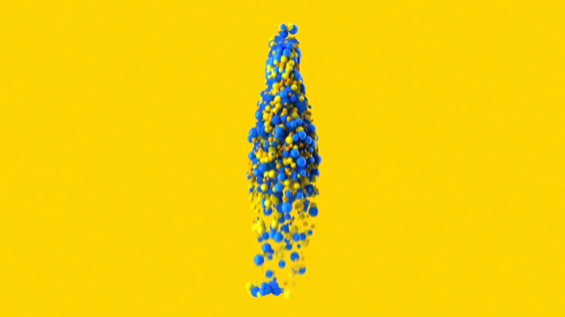 A vertical stream of blue and yellow spherical particles against a yellow background.