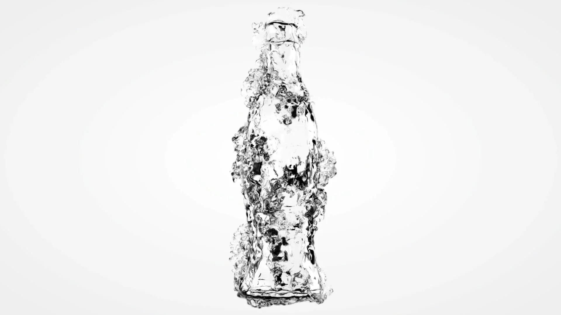 A clear glass bottle with a narrow neck and a wider base, partially submerged in water, creating a splashing effect.