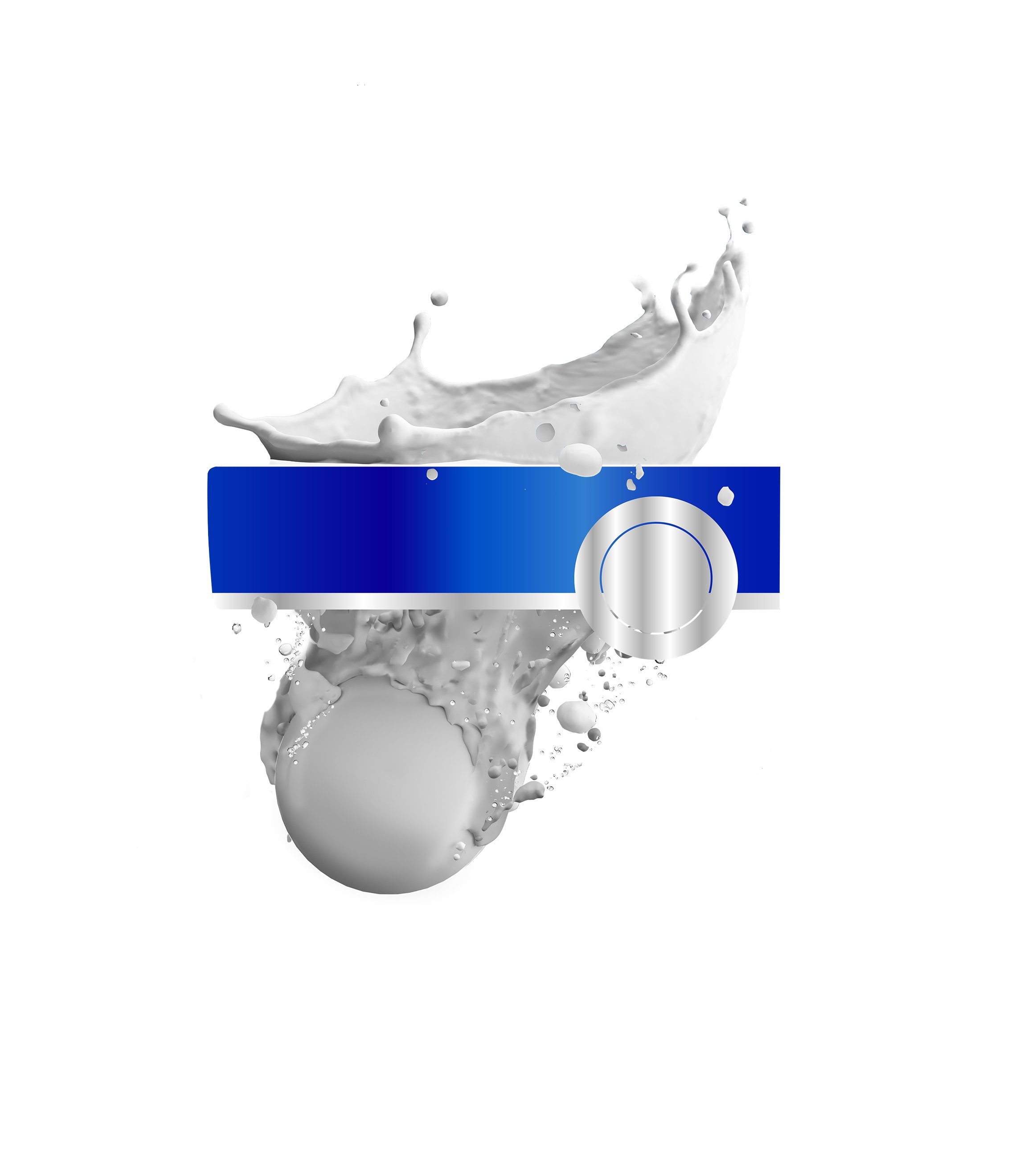 A modern illustration of a round object immersed in liquid, with splashes and droplets, and a horizontal blue stripe with a circular control dial in the center.