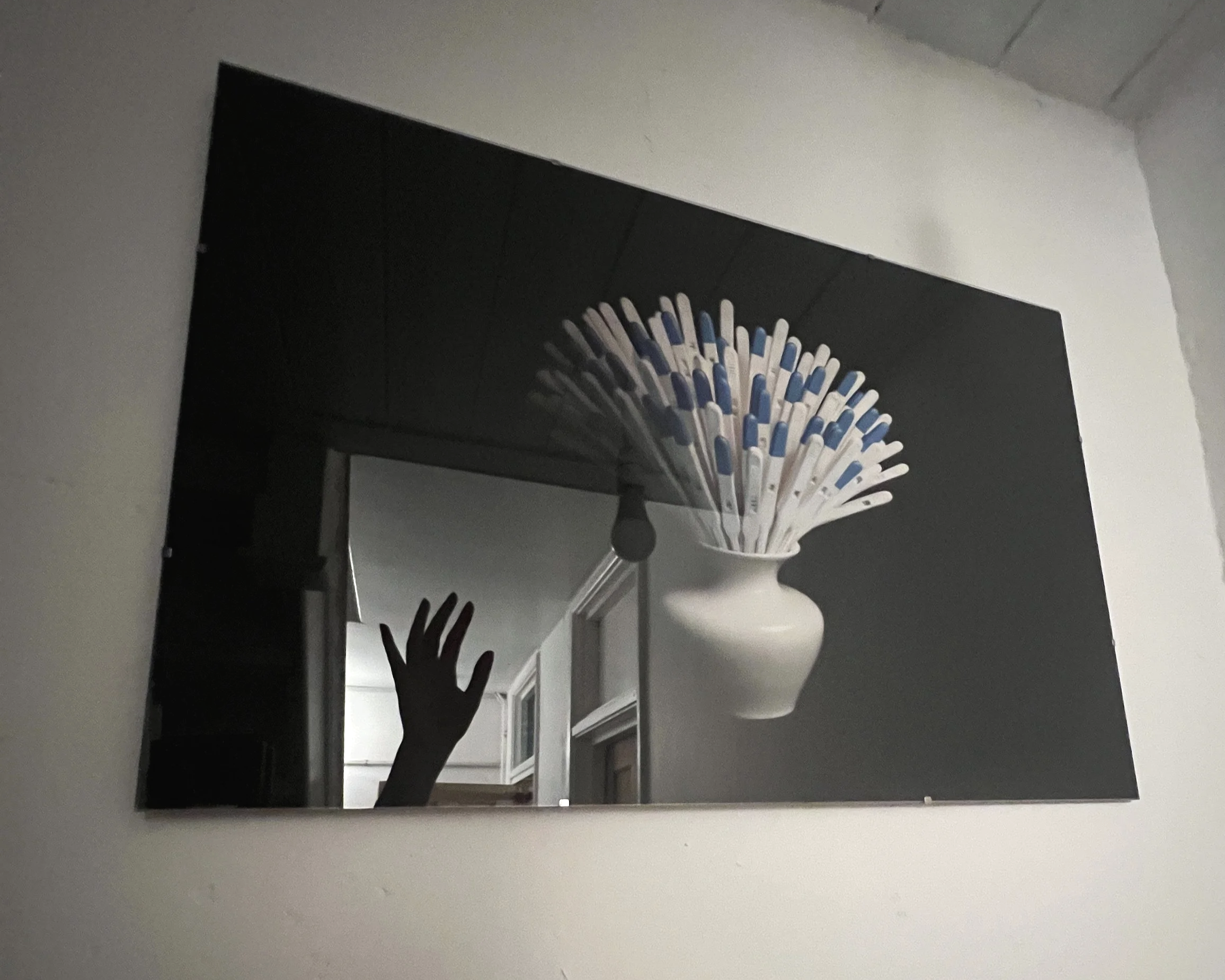 An artwork by Bedra Šahbaz, titled “Memento Flowers”, depicting a vase full of used pregnancy tests instead of flowers; presented at the “For Me, Being A Woman” exhibition at the Grounds Gallery, opened on February 6th 2026.