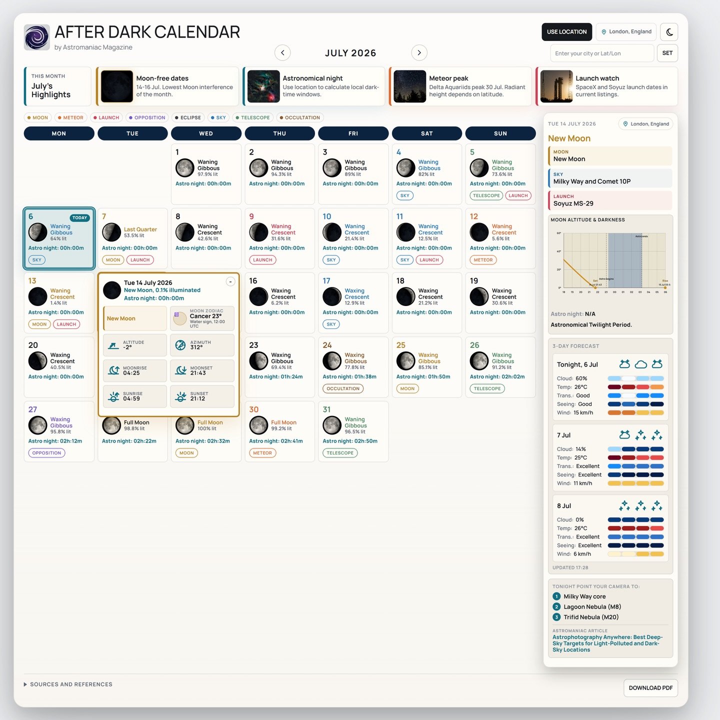 We&rsquo;re thrilled to introduce After Dark Calendar ✨🌌🔭
A comprehensive night sky calendar, designed with astrophotographers in mind 🌔🚀
After Dark is an interactive night calendar that gives us access to everything you need to know at a glance.