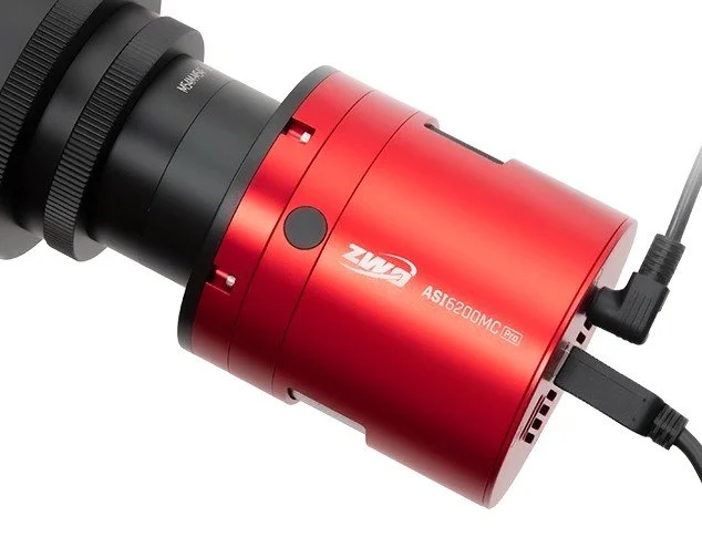 ZWO ASI6200MC Pro cooled astronomy camera attached to an astrophotography imaging setup