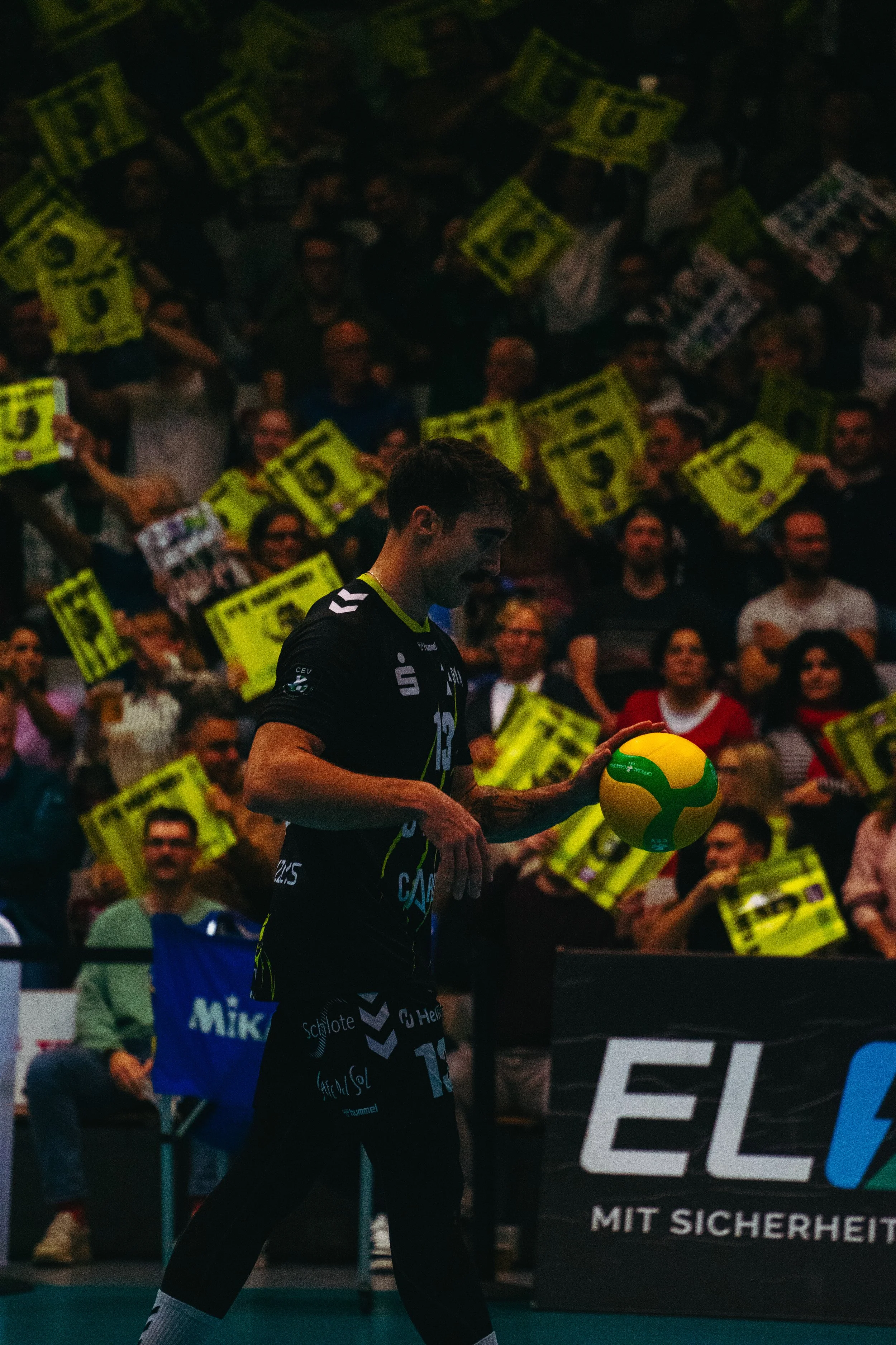 Mann im Trikot hält Volleyball, umgeben von jubelndem Publikum mit gelben Schildern.