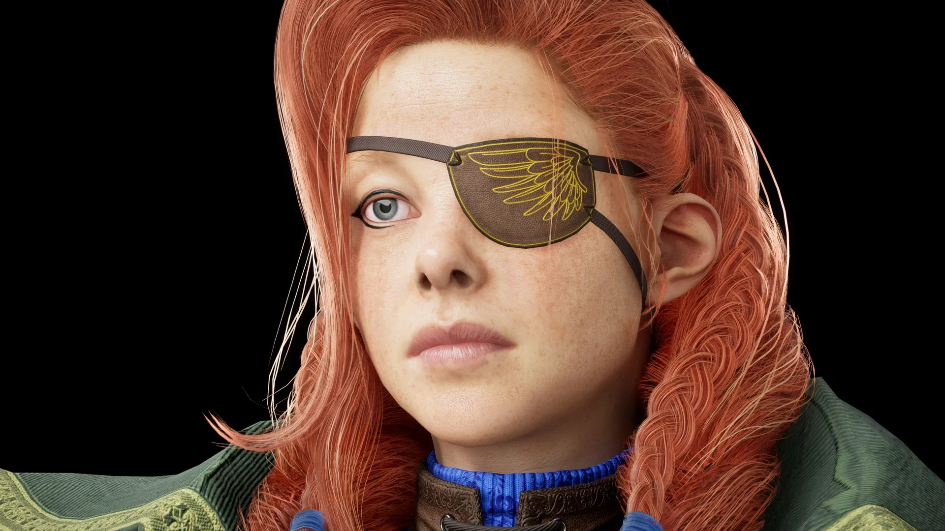 A woman with long, wavy red hair wearing a patch over her right eye with a gold wing design, dressed in green and blue, against a black background.