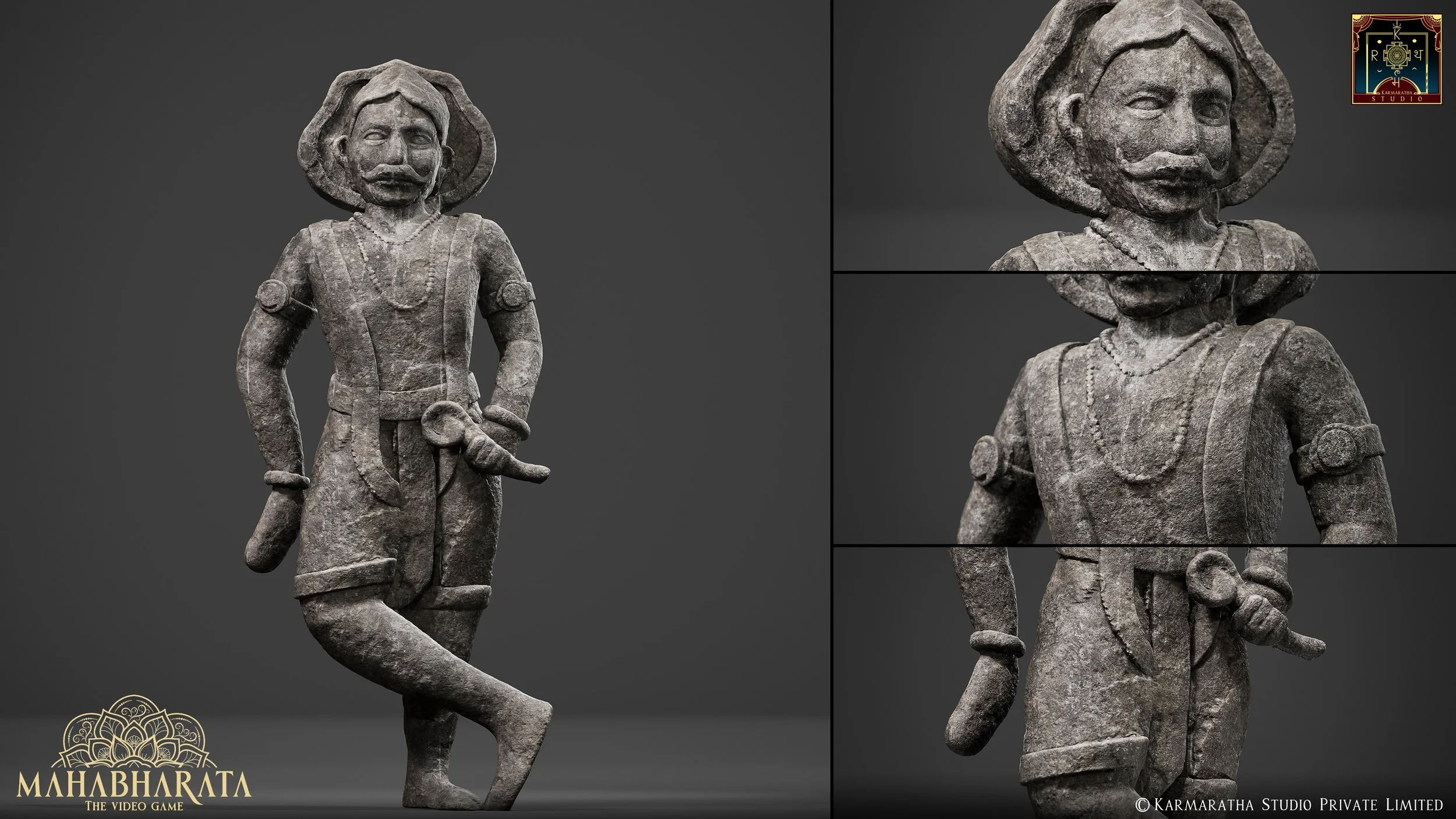 A stone sculpture of a man dressed in traditional attire, with a large hat, jewelry, and holding a pipe, standing with one foot crossed over the other.