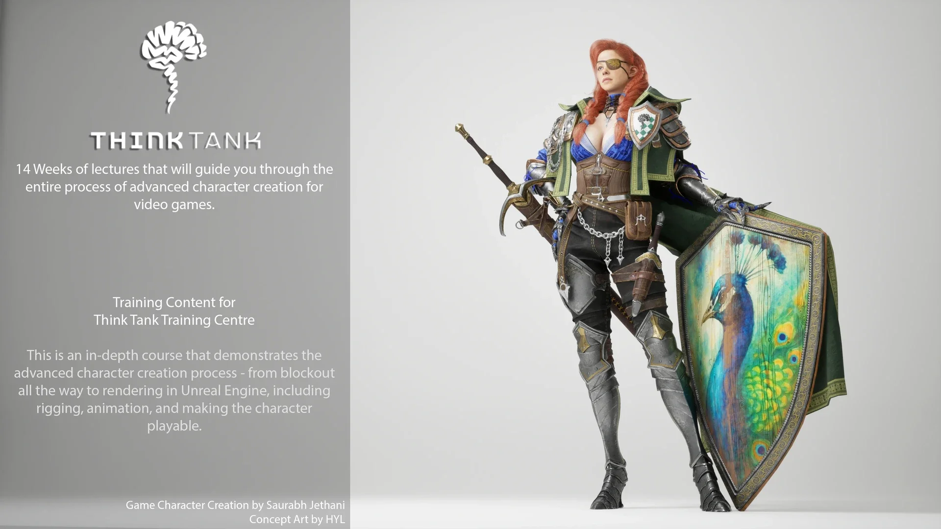 A female knight character in armor holding a sword in her right hand and a shield featuring a colorful peacock design. She has red hair, wears sunglasses, and a green cape with armor accents.