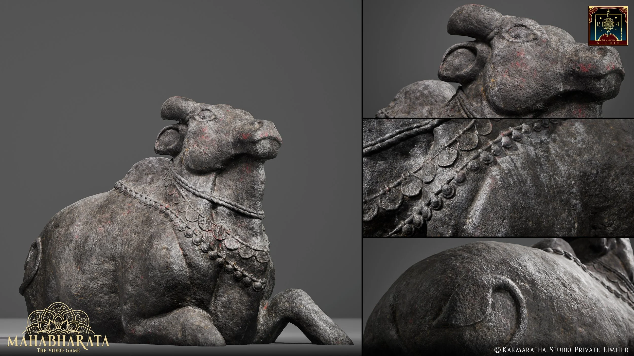 Close-up of an ancient stone sculpture of a lion with detailed necklace and ornate features, displayed against a plain background.