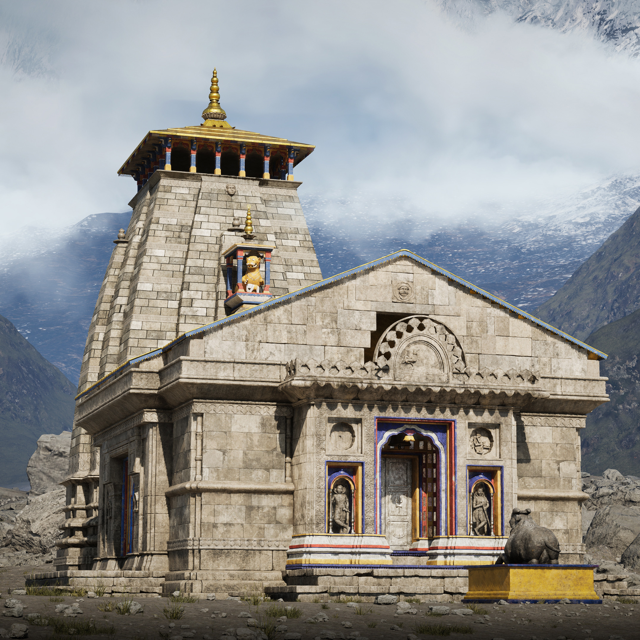 Kedarnath temple with intricate carvings and statues, set against a mountainous backdrop with snow-capped peaks and clouds.