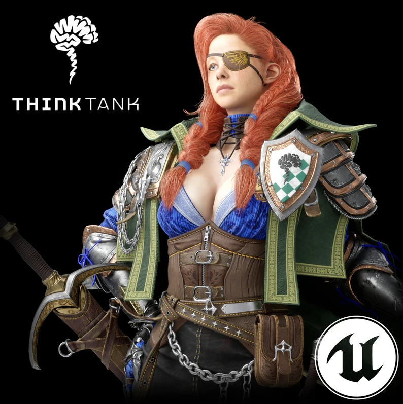 A woman dressed in detailed fantasy armor with chainmail, a shield, and a sword, posing against a black background with logos for Think Tank and Unreal Engine.