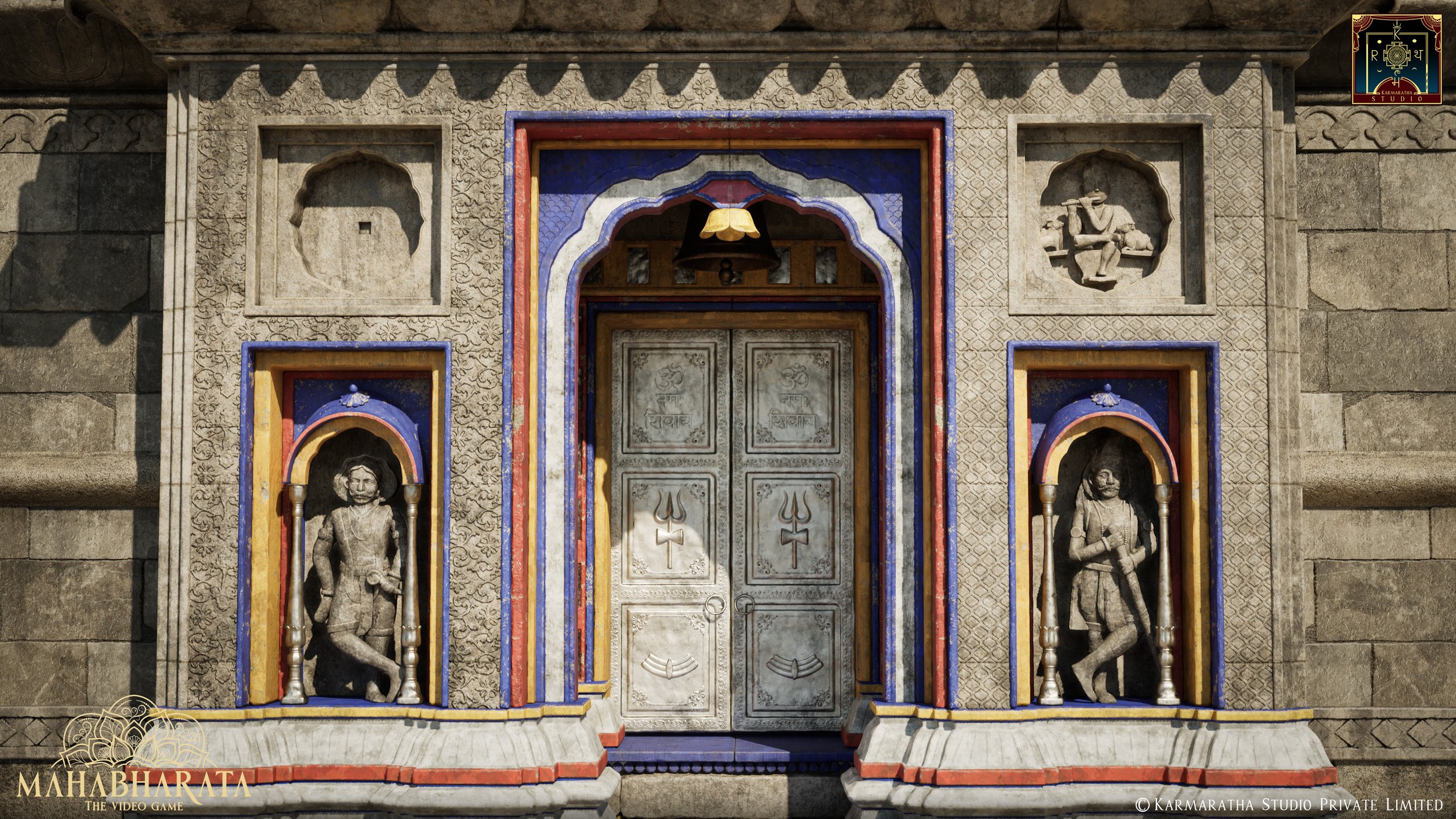 Detailed stone entrance of a Hindu temple with colorful accents around the door, featuring carved statues of deities inside niches, and intricate carvings on the stone wall.