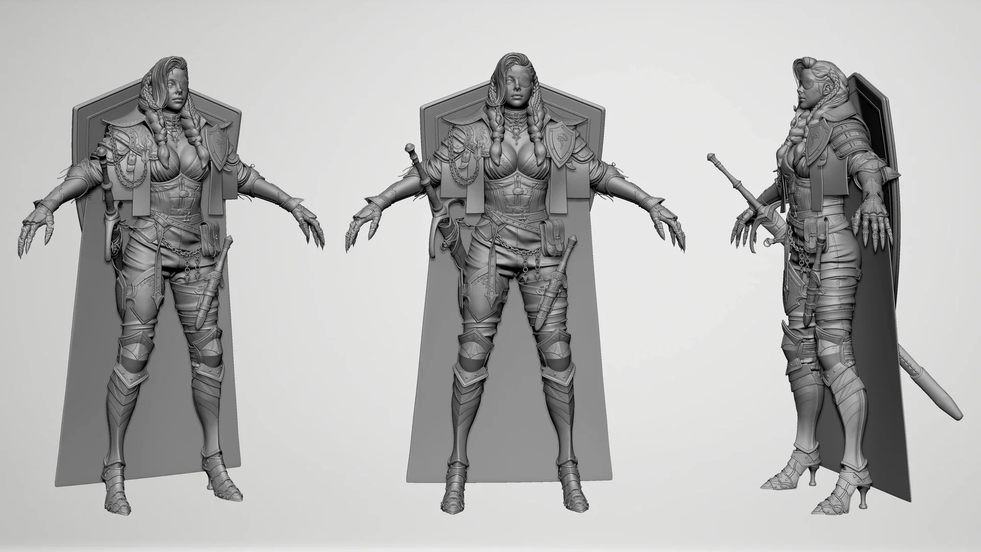 3D model of a female warrior in armor, with a shield on her back, holding a sword, wearing detailed armor, with braid hairstyle, viewed from front, side, and back.