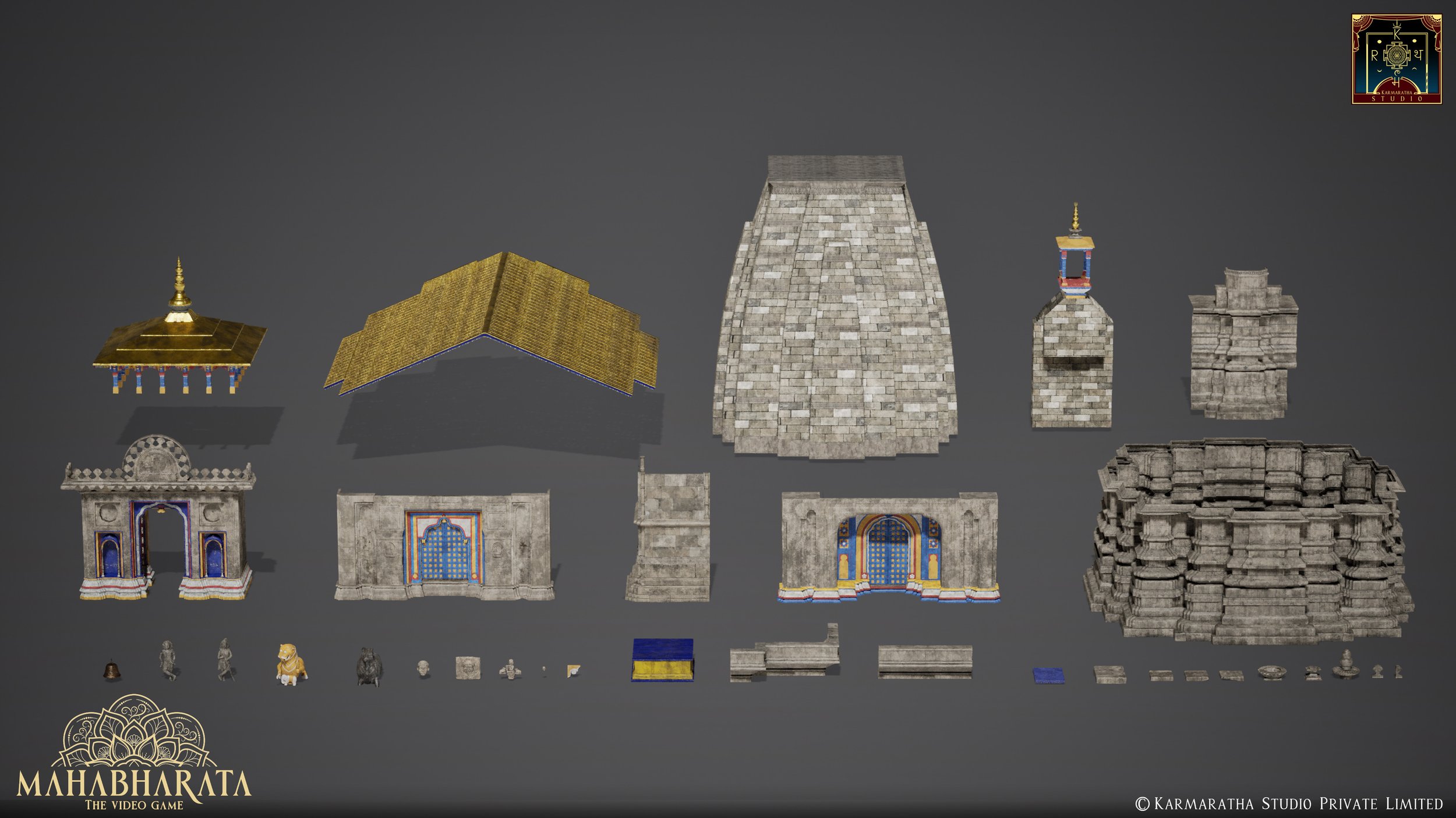 3D model components of a traditional Indian architecture, including roof structures, walls, gateways, and small statues, arranged in a row for a video game called Mahabharata.