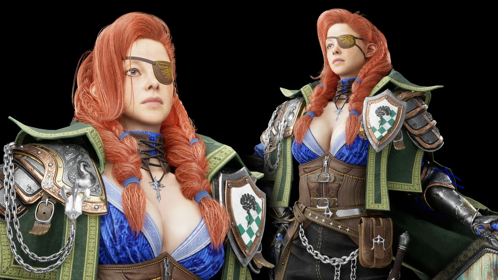 Two women with long red hair dressed in medieval fantasy warrior costumes with armor, shields, and cloaks.