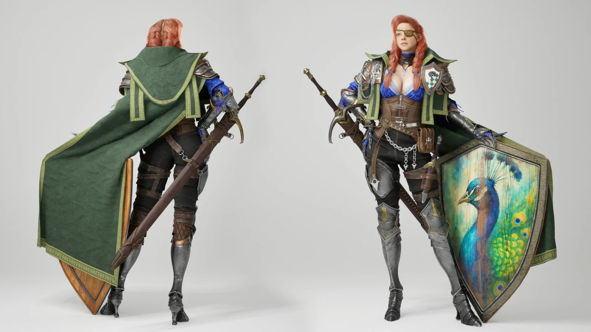 Two women dressed in fantasy warrior costumes with armor, capes, and weapons, standing against a plain background. One woman holds a sword and a shield with peacock art, and the other holds a spear.