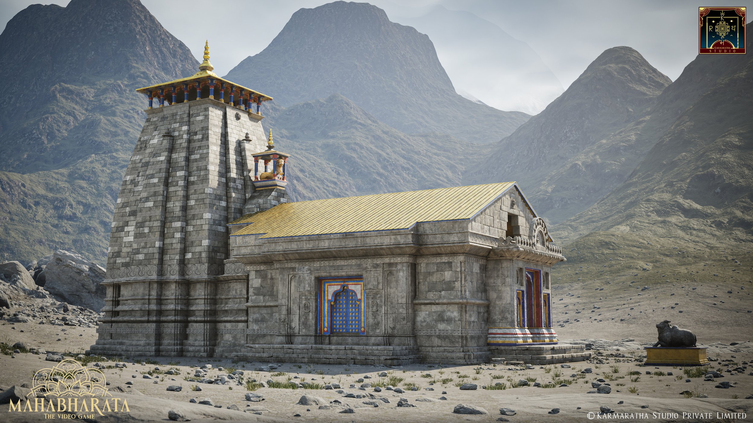 A stone Hindu temple with a tall tower, colorful details, and a golden roof, situated in a mountainous desert landscape, with a lion statue nearby.