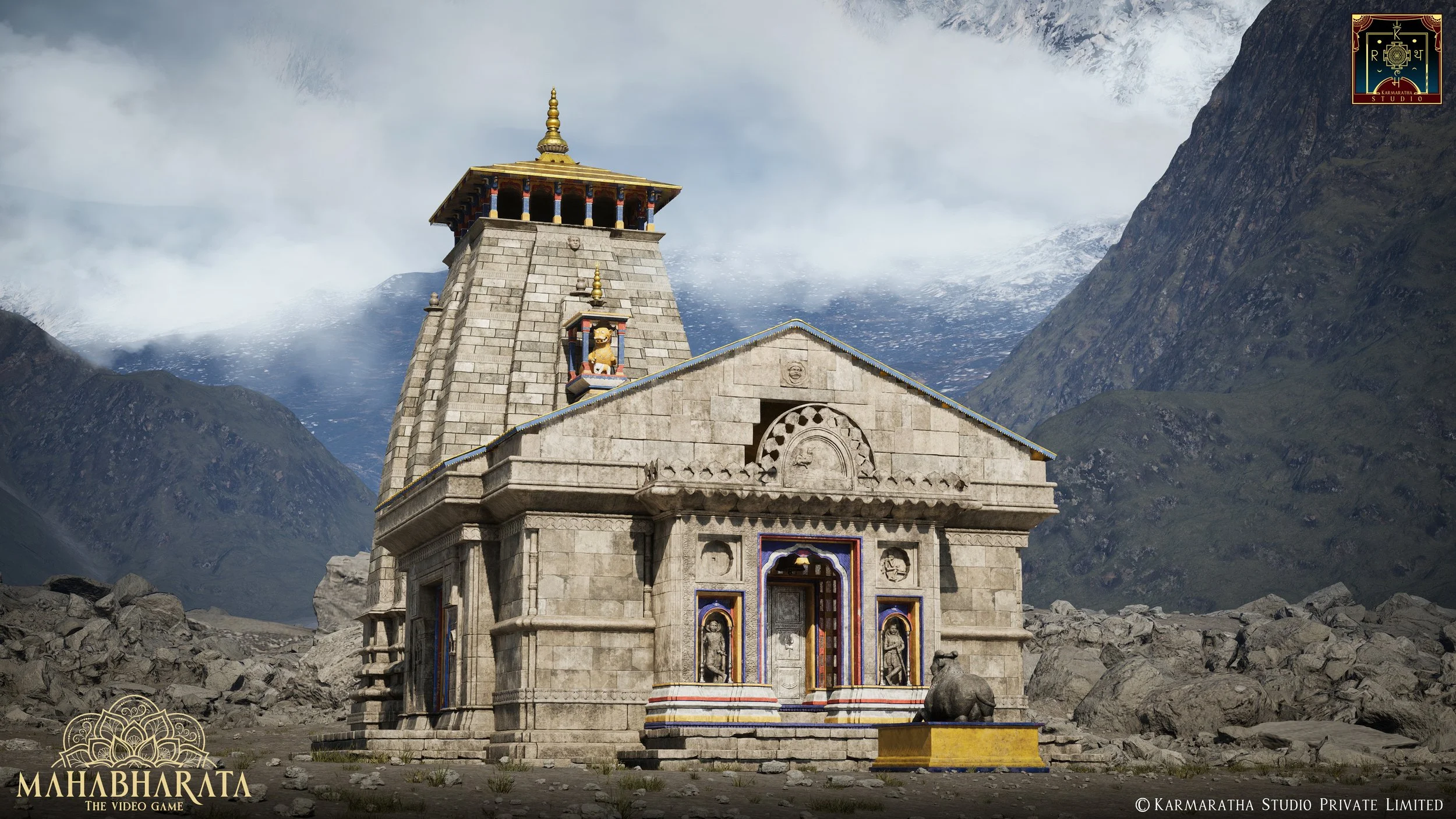 A small stone temple with intricate carvings and statues, situated in a mountainous area with snow-capped peaks in the background.