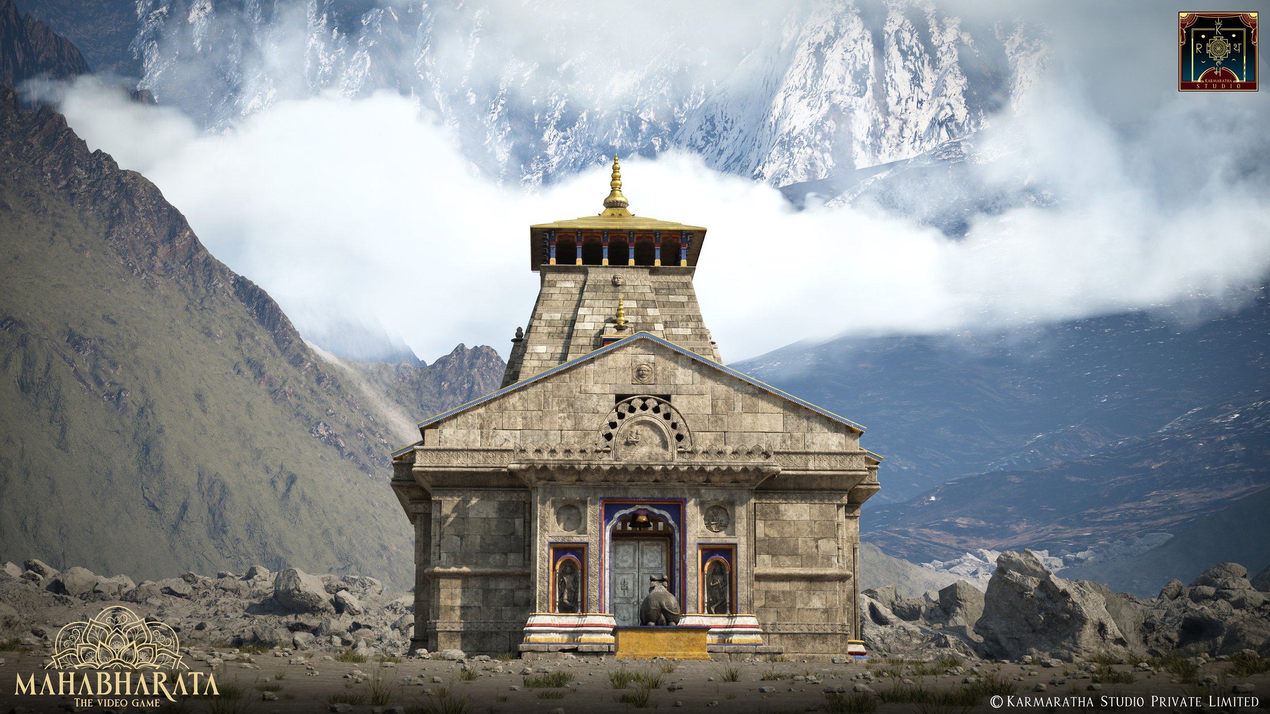 A stone Hindu temple in a mountainous landscape with snow-capped peaks and clouds in the background. The temple has a decorated entrance with statues and a small staircase leading up to the door.