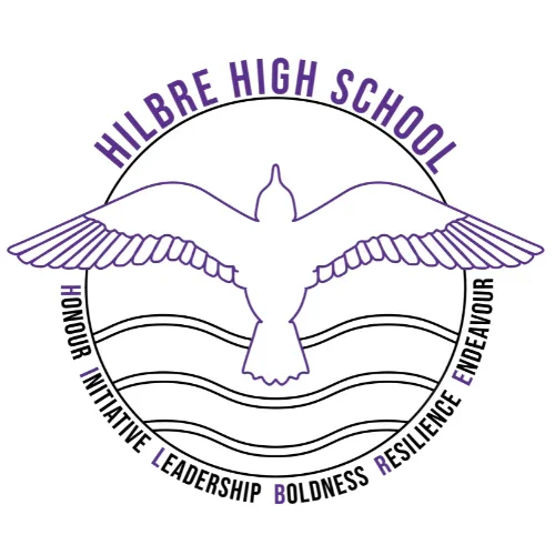 Logo for Hilbre High School featuring a stylized bird in flight above wavy lines and school values around the circle.