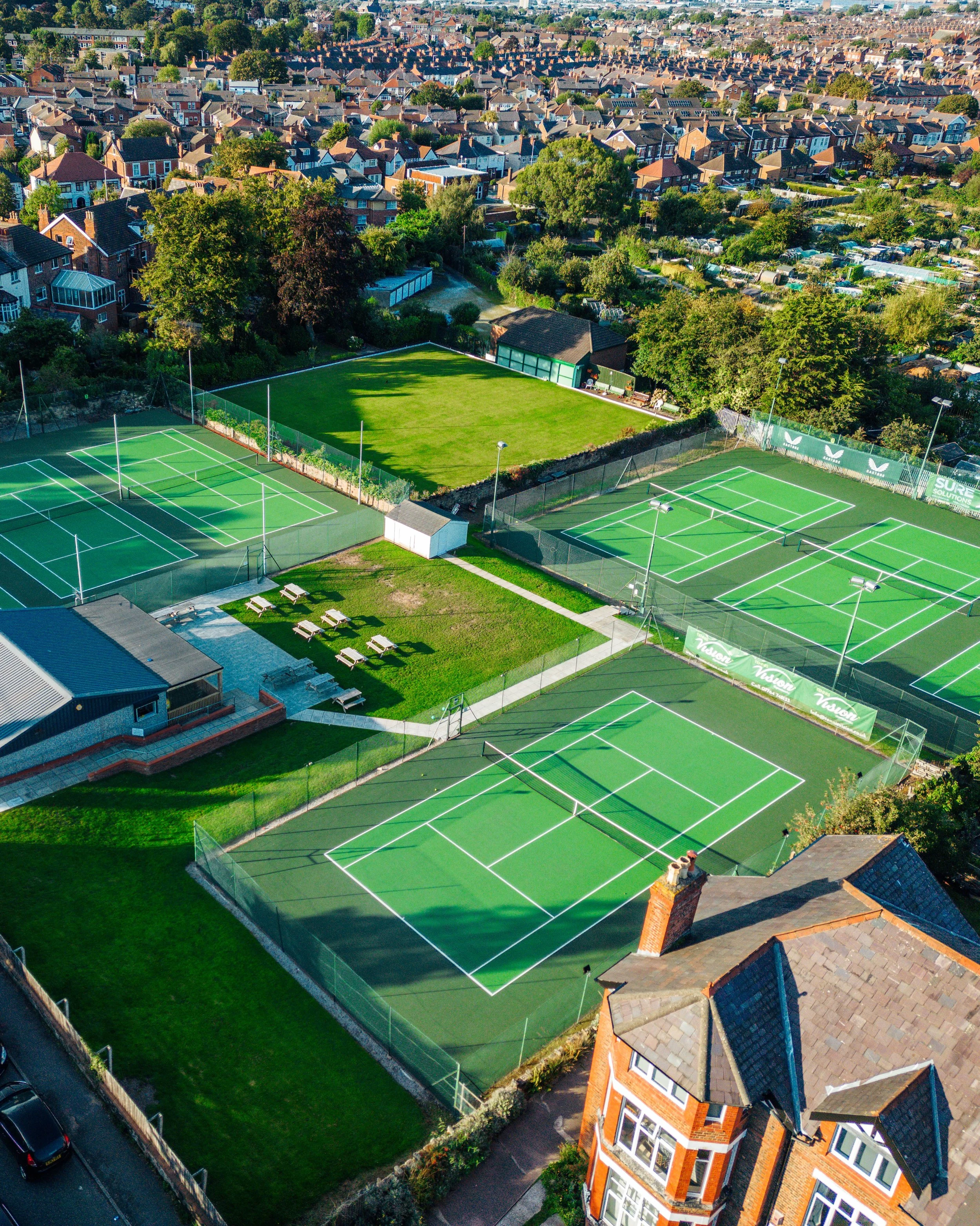 An aerial view of tennis courts
