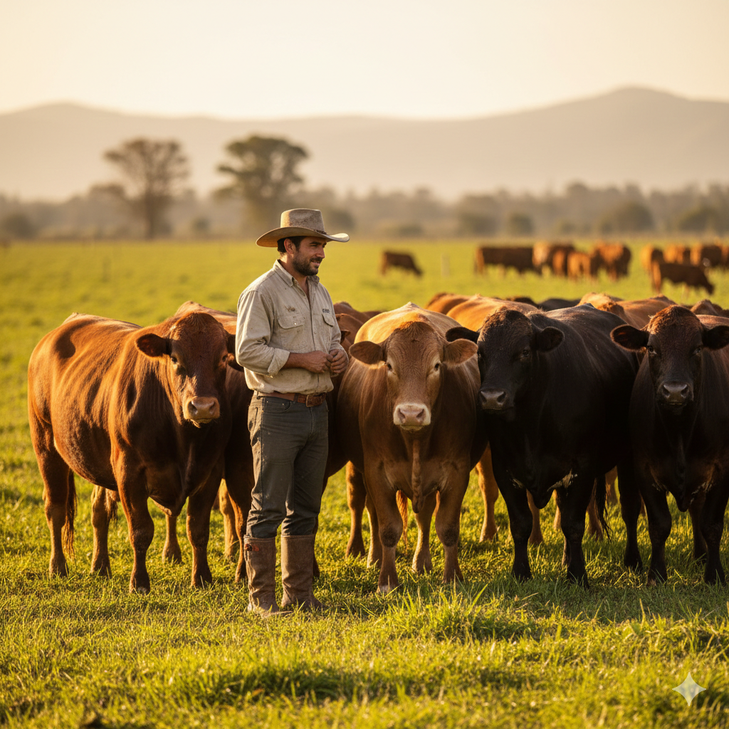 A man in a cowboy hat and beige shirt standing among brown, black, and tan cows on a grassy field during sunset, with mountains and trees in the background.