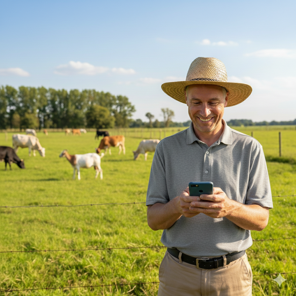 A man smiling and looking at his phone while standing in a green pasture with cows grazing in the background, wearing a straw hat and a gray polo shirt.