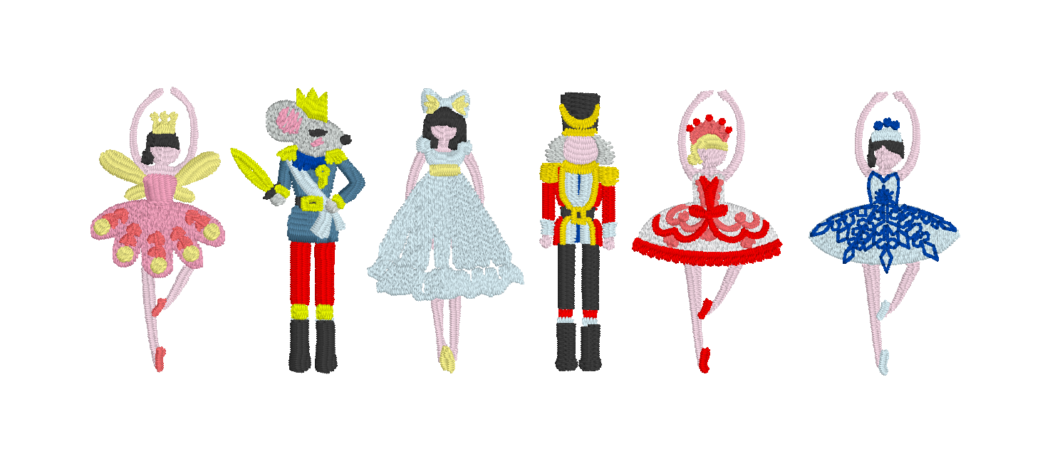 C018 — Nutcracker Ballet Collection Choose from a coordinated cast of nutcracker and ballet characters for Christmas and dance-themed pieces. Make it yours: Choose the character or grouping, costume colors, scale, and placement.