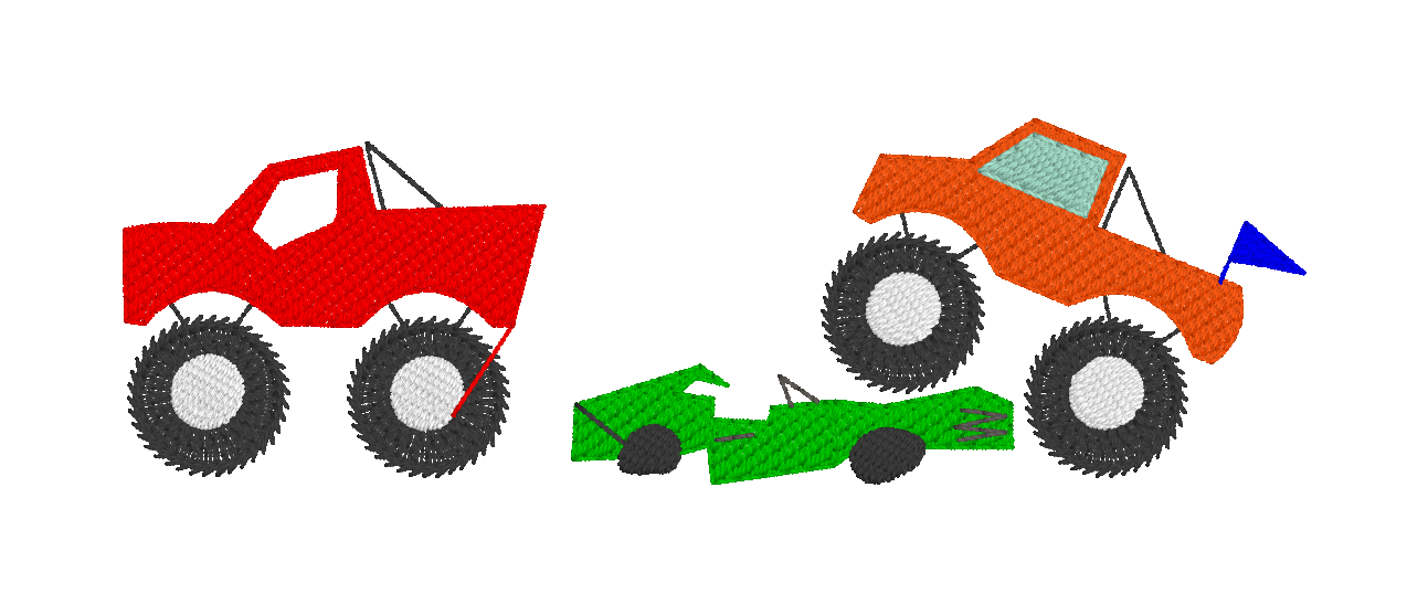 C001 — Monster Truck Scene
Build a high-energy monster-truck scene from coordinating truck and car motifs. Use the pieces together or separately.
Make it yours: Choose the truck arrangement, smashed-car placement, name or age, and colors.
Motif refer