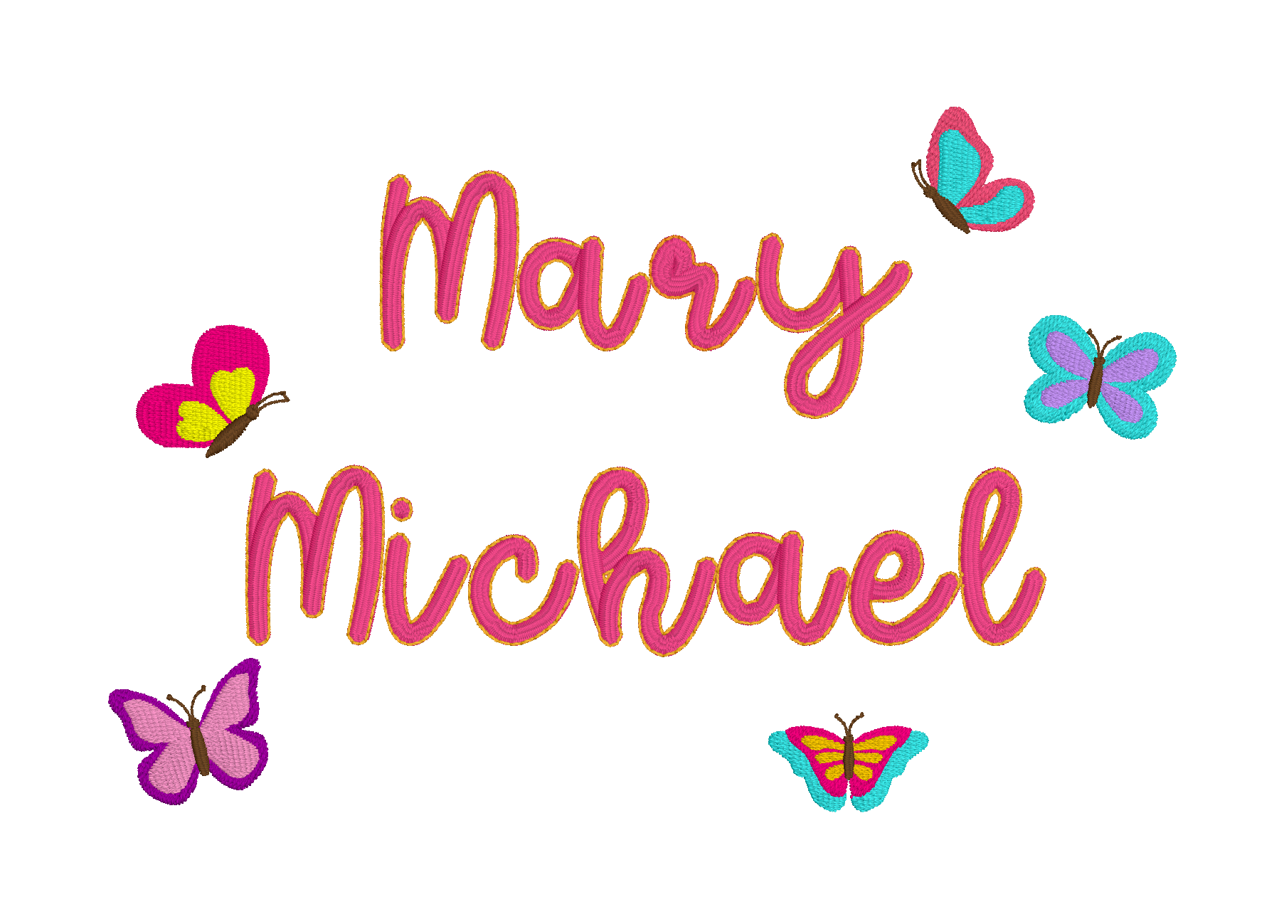 C023 — Two-Line Butterfly Name Arrange a one- or two-line name within a loose frame of colorful butterflies for a bright, playful personalized design. Make it yours: Choose the name layout, butterfly selection and placement, and fill and outline colo