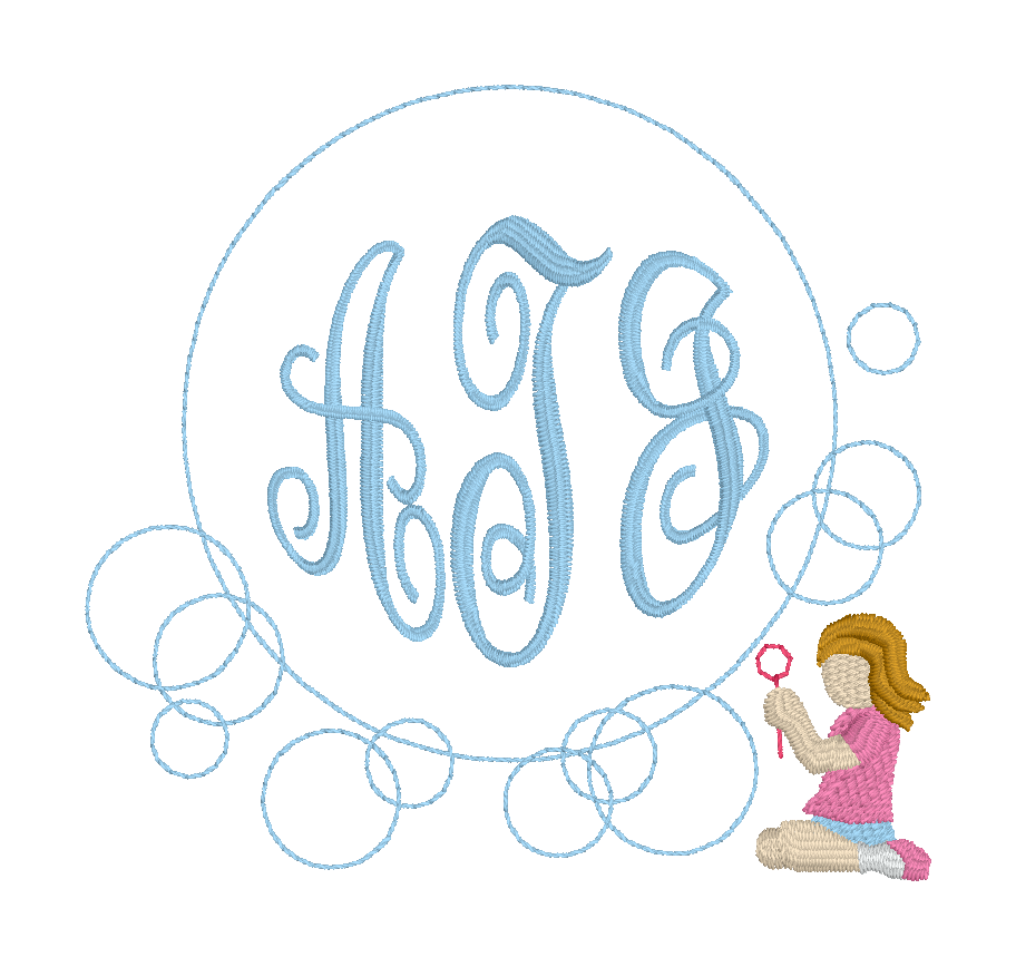 C021 — Bubble Monogram Place an ornate monogram inside a floating bubble scene with a tiny bubble-blowing figure. Make it yours: Choose the initials, bubble colors, figure colors, scale, and placement.