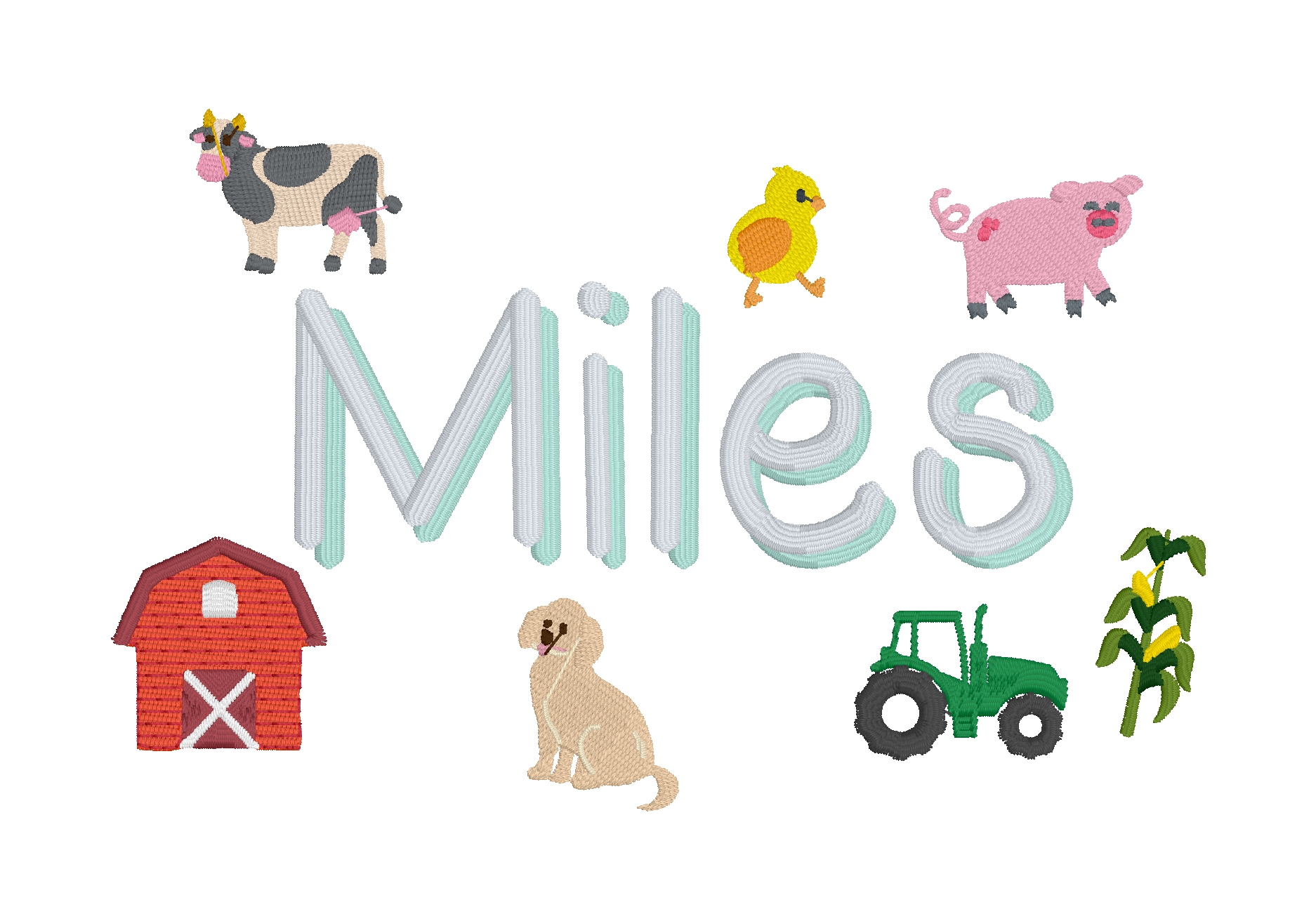C011 — Favorite Things Book-Bag Composition (Mini Farm Example) Build a personalized name surrounded by Mini Farm animals, a barn, tractor, and crops. Make it yours: Choose the name, farm motifs, colors, scale, and layout. Component family: Favorite 