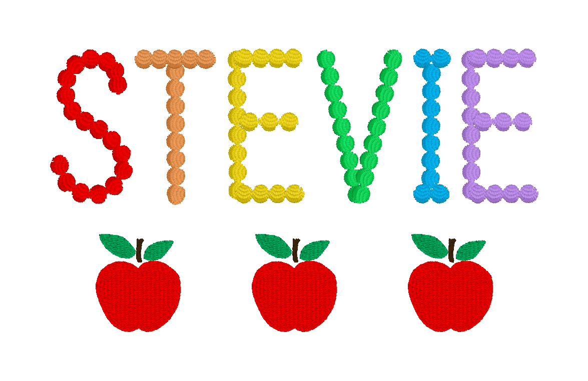 C004 — Pearl Name with Repeated Apples
A cheerful dotted name paired with repeating apples—especially sweet for school and teacher pieces.
Make it yours: Choose the name, number of apples, spacing, and colors.
Motif reference: D0043