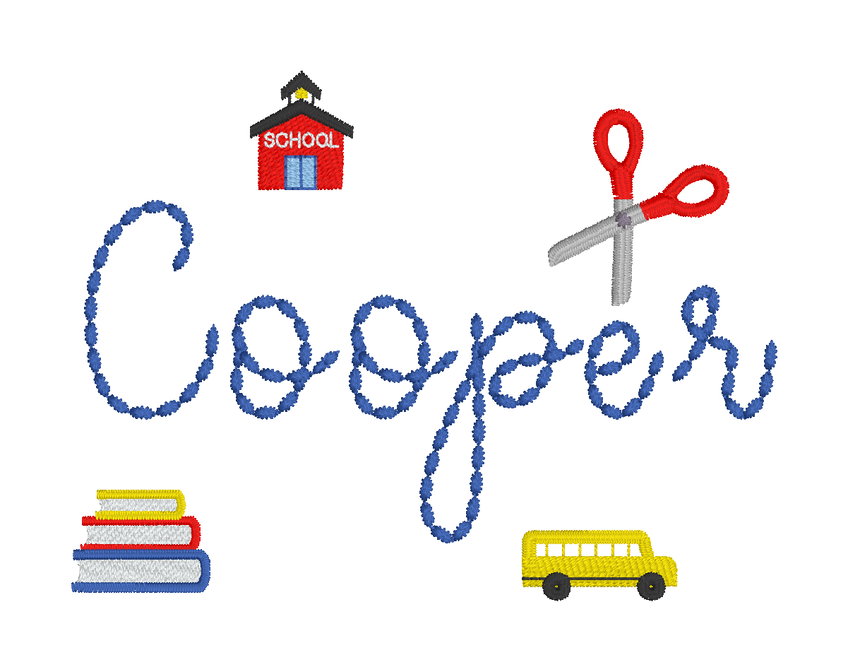 C017 — Back-to-School Name Collage Surround a personalized script name with a schoolhouse, scissors, books, and a school bus. Make it yours: Choose the name, school motifs, arrangement, and colors.