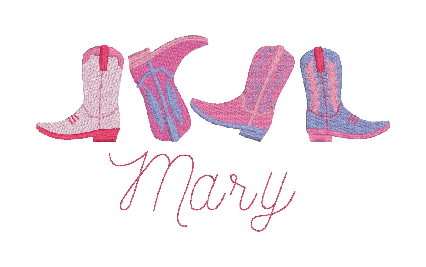 C006 — Four-Boot Name Lineup
Arrange four coordinating cowboy boots above a personalized script name for a playful western statement.
Make it yours: Choose the name, boot sequence, and colors.
Motif reference: D0383