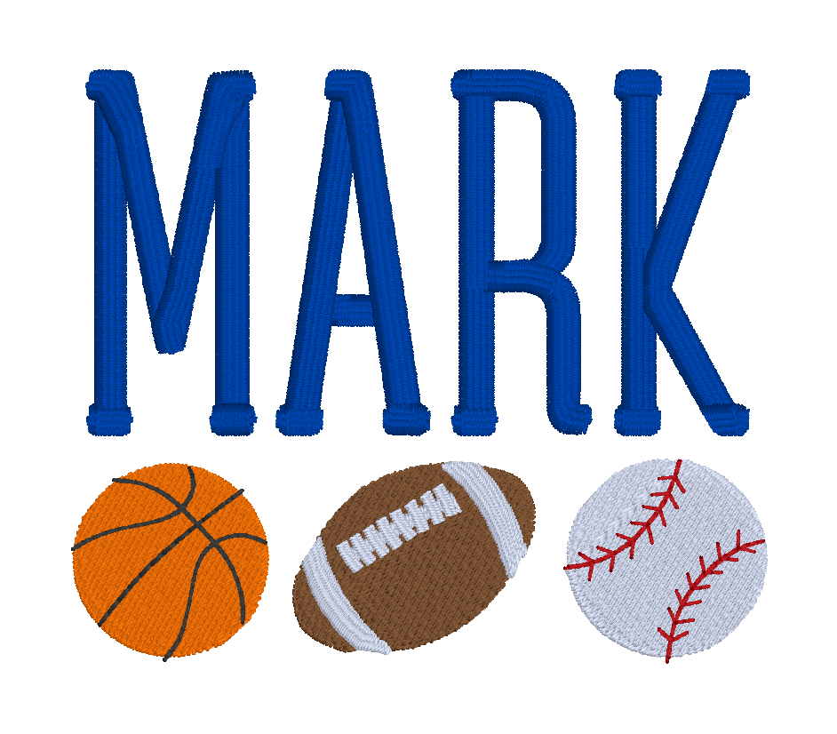 C024 — Personalized Mixed-Sports Name Pair a bold personalized name with basketball, football, and baseball motifs for an all-sports design. Make it yours: Choose the name, ball selection, sizes, placement, and colors. Font reference: S54 — Liberty.